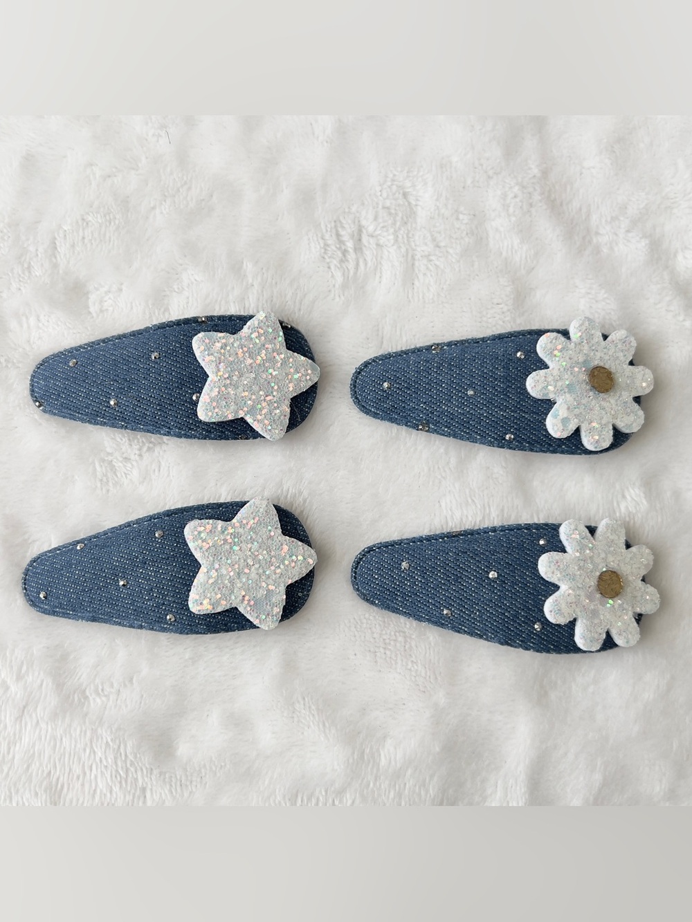 Set of 4 Denim Snap Hair Clips – Glitter Star & Flower Design - Boutique